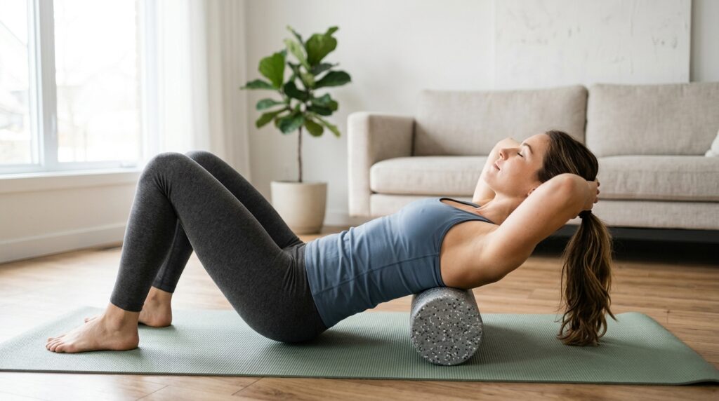 Thoracic extension exercise over foam roller to release upper back tension and improve posture
