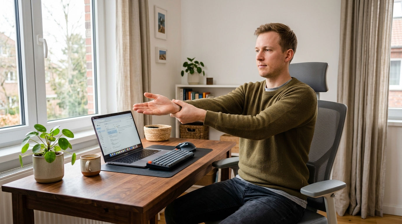 A remote worker at a home office desk doing a gentle wrist and forearm stretch after typing.
