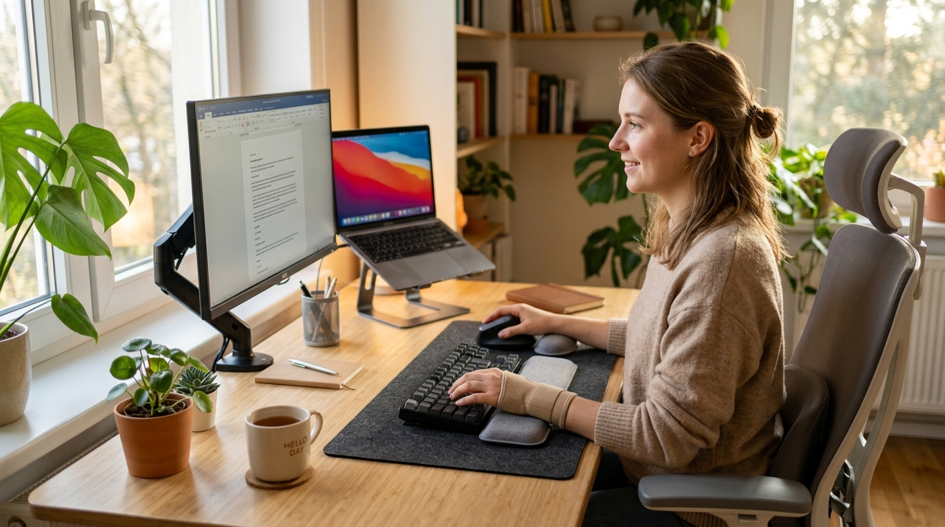A desk worker in a bright home office using a neutral wrist support setup with brace, palm rest, and mouse support.